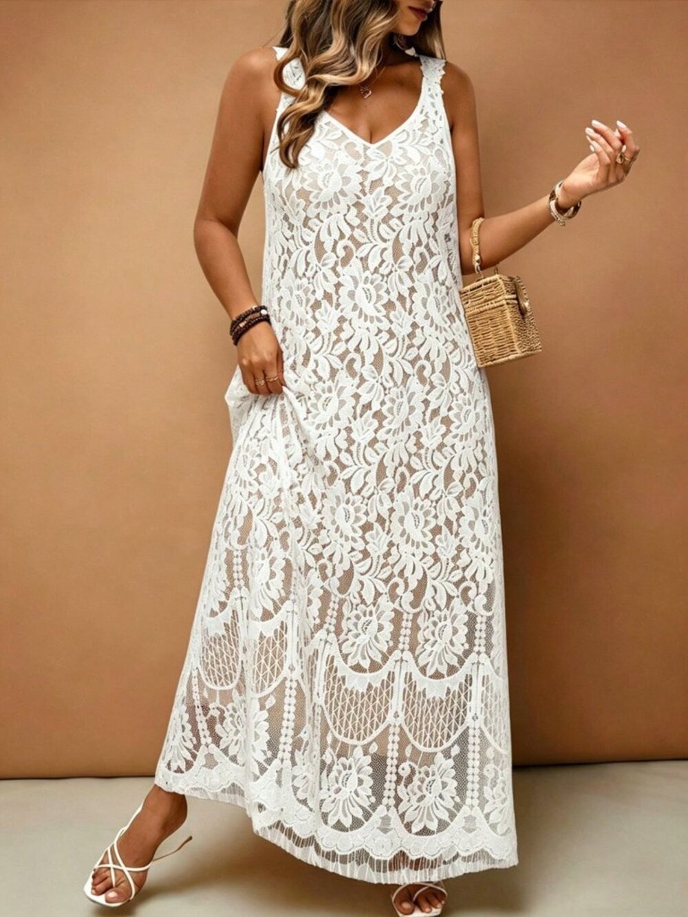 White Elegant Women's Plus Size French Maxi Lace Dress